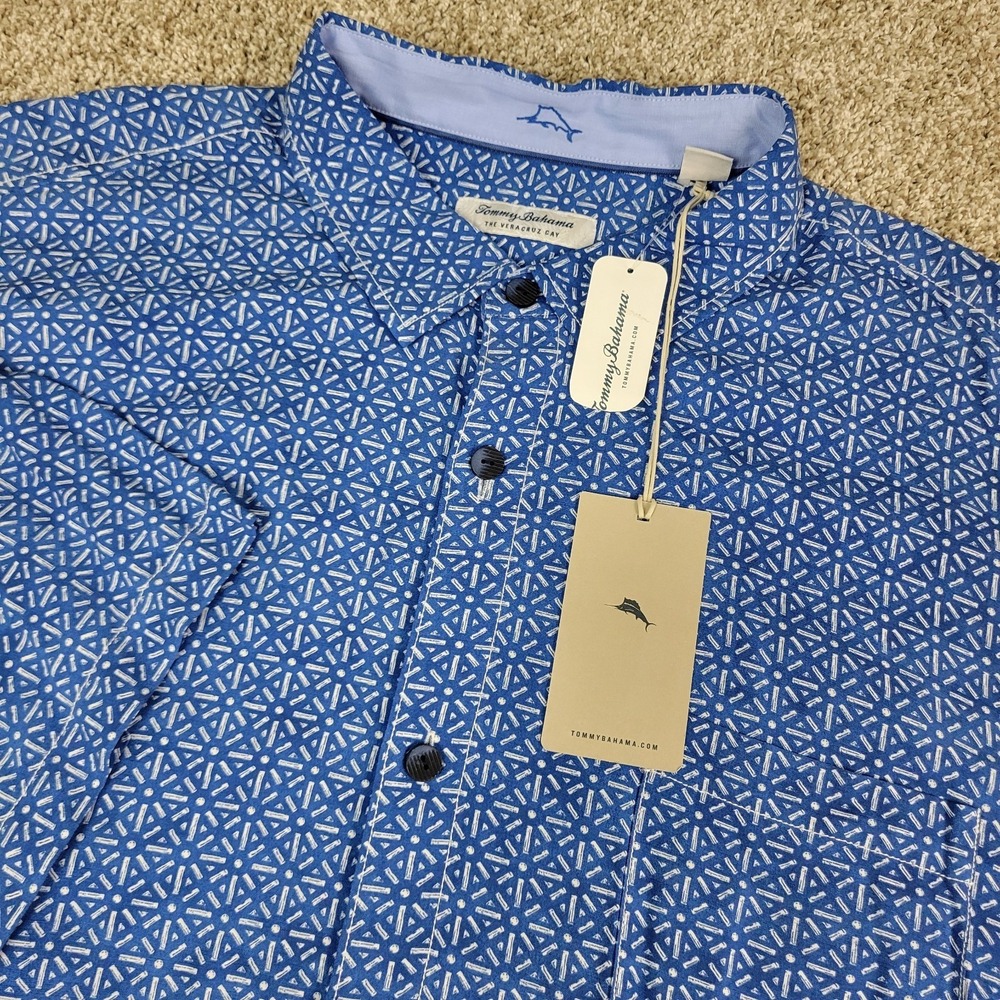 NWT Tommy Bahama The Veracruz Cay Mens 3XLT Blue AOP Geometric Button Up SS‎